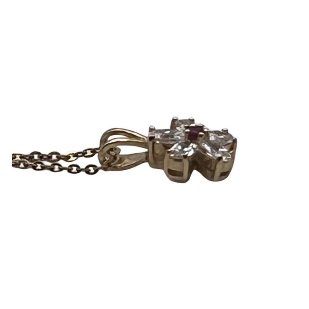 Gold Flower Pendant Necklace Clear CZ Petals Faux Ruby 17" Chain Marked JC & CCI - Picture 8 of 10